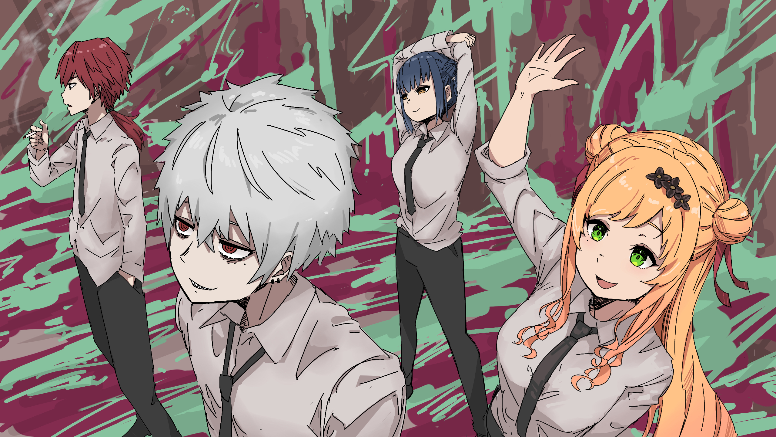 2boys 2girls :d arms_up between_fingers black_hair black_necktie black_pants blonde_hair breasts brown_eyes cigarette collared_shirt commentary_request double_bun earrings green_eyes grey_hair grey_shirt hair_between_eyes hair_bun highres holding holding_cigarette jewelry kuzuha_(nijisanji) lauren_iroas long_hair long_sleeves low_ponytail medium_breasts multiple_boys multiple_girls necktie nijisanji nijisanji_kr open_mouth pants ponytail red_eyes red_hair ringed_eyes seffyna sharp_teeth shirt smile smoke stretching teeth virtual_youtuber yamagami_karuta yowayowap