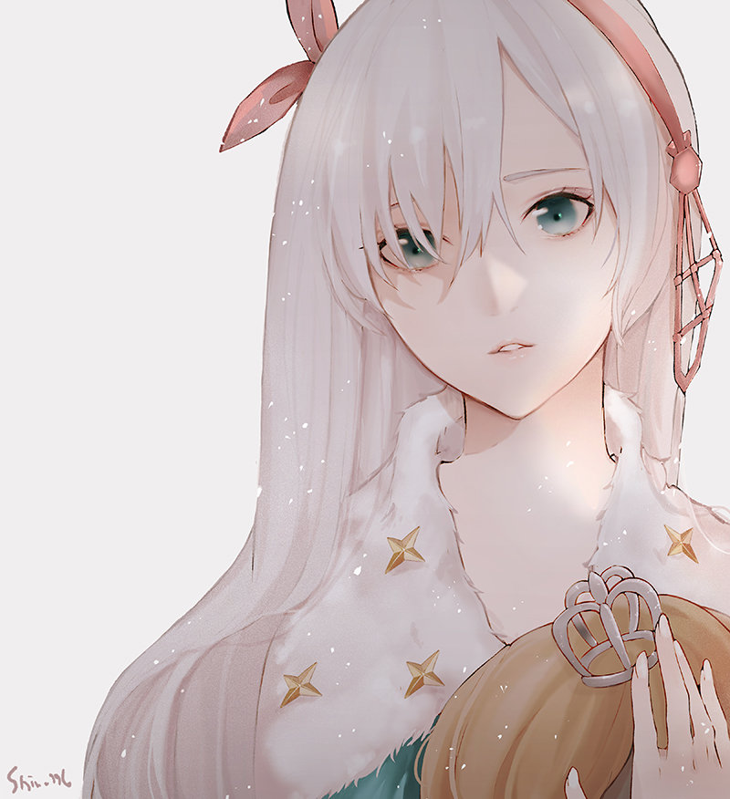 1girl anastasia_(fate) aqua_eyes crown doll fate/grand_order fate_(series) female_focus hairband holding long_hair looking_at_viewer mini_crown pale_skin ribbon royal_robe shino_(mufn5785) signature solo upper_body very_long_hair white_hair