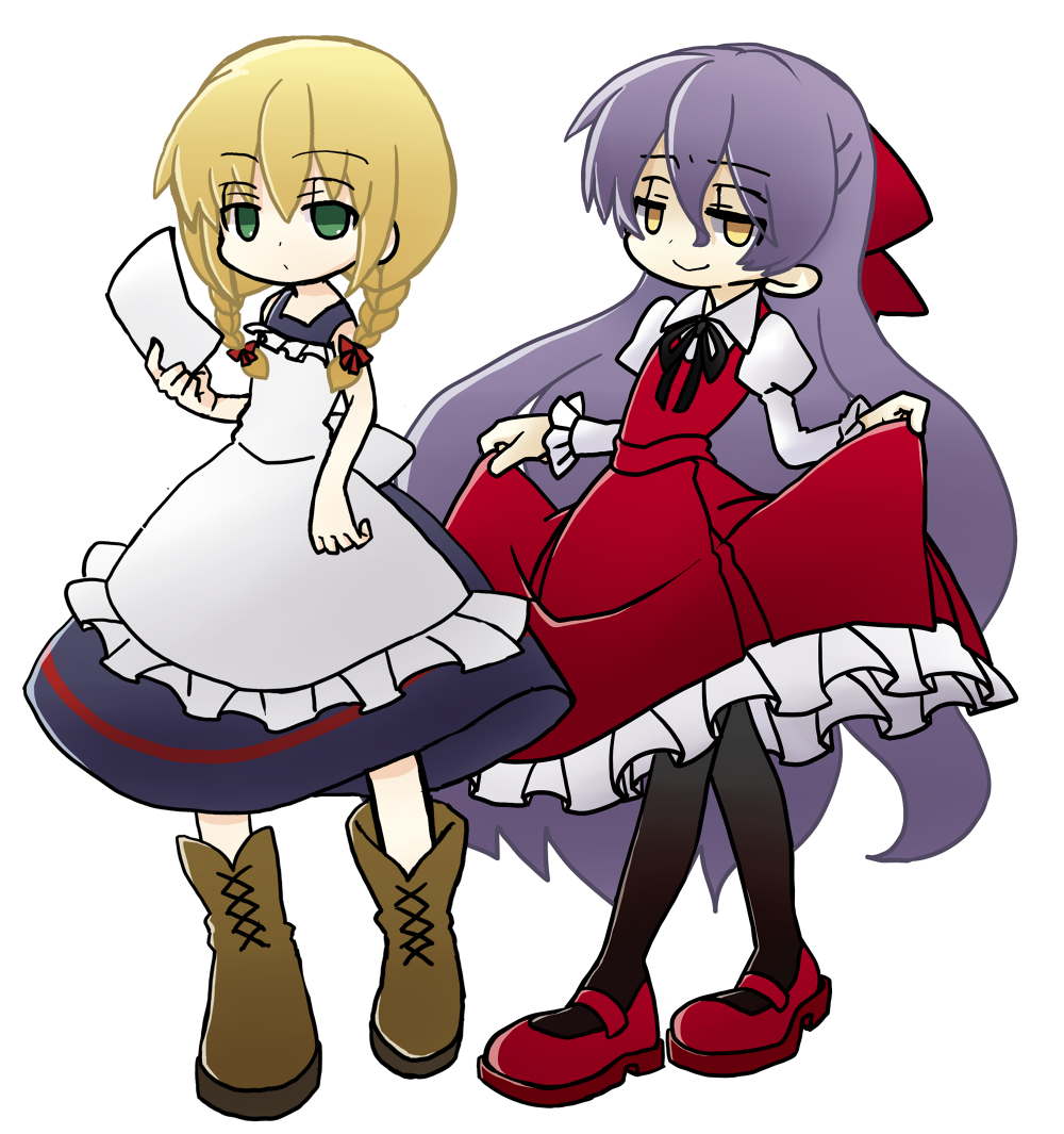 2girls apron blonde_hair boots bow braid dress ellen_(majo_no_ie) frills green_eyes hair_bow ichinose_natsuki majo_no_ie mary_janes multiple_girls pantyhose purple_hair puyopuyo puyopuyo_fever shoes transparent_background twin_braids twintails viola_(majo_no_ie) yellow_eyes