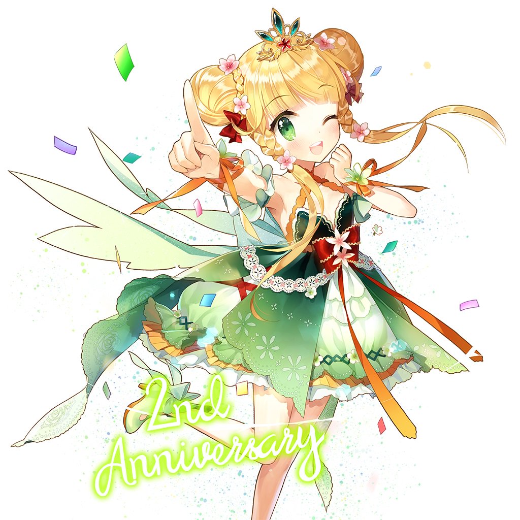 1girl armpits blonde_hair boots braid double_bun dress frilled_dress frills gold_tiara green_boots green_dress green_eyes hair_bun looking_at_viewer off-shoulder_dress off_shoulder one_eye_closed salt_(salty) sapphire_emerald twin_braids twintails uchi_no_hime-sama_ga_ichiban_kawaii