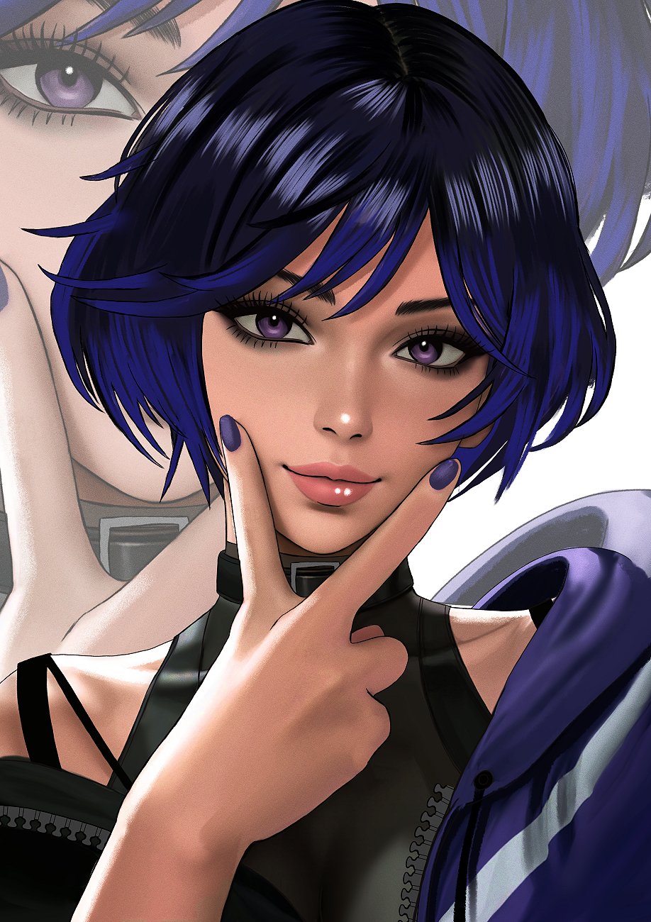 1girl black_hair closed_mouth commentary english_commentary highres jacket kittymiya looking_at_viewer multicolored_hair purple_eyes purple_hair purple_jacket purple_nails reina_(tekken) short_hair smile solo tekken tekken_8 two-tone_hair v