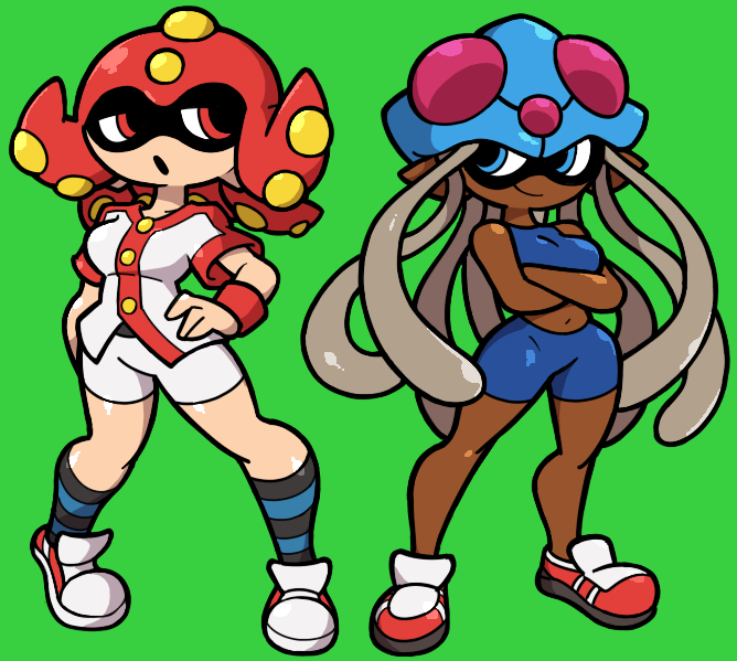 2girls blue_eyes cosplay crossed_arms crossover dark-skinned_female dark_skin gen_1_pokemon gen_2_pokemon hand_on_own_hip inkling_player_character misty_(pokemon) misty_(pokemon)_(cosplay) multiple_girls nintendo octillery pokemon red_eyes shenanimation shoes sneakers splatoon_(series) splatoon_1 tentacle_hair tentacles tentacruel whitney_(pokemon) whitney_(pokemon)_(cosplay)
