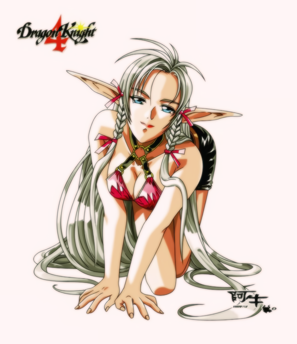 all_fours blue_eyes braid breasts cleavage copyright_name dragon_knight_(elf) dragon_knight_4 full_body long_hair looking_at_viewer marlene official_art pointy_ears silver_hair simple_background solo takei_masaki very_long_hair white_background
