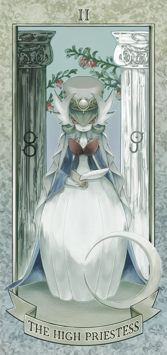 card_(medium) closed_mouth clothed_pokemon colored_skin commentary cross cross_necklace framed gardevoir gen_2_pokemon gen_3_pokemon hat highres holding holding_paper jewelry looking_at_viewer mega_gardevoir mega_pokemon necklace nintendo okowa_0141 orange_eyes paper pokemon pokemon_(creature) roman_numeral solo standing tarot tarot_(medium) the_high_priestess_(tarot) unown unown_b unown_j white_hat white_skin