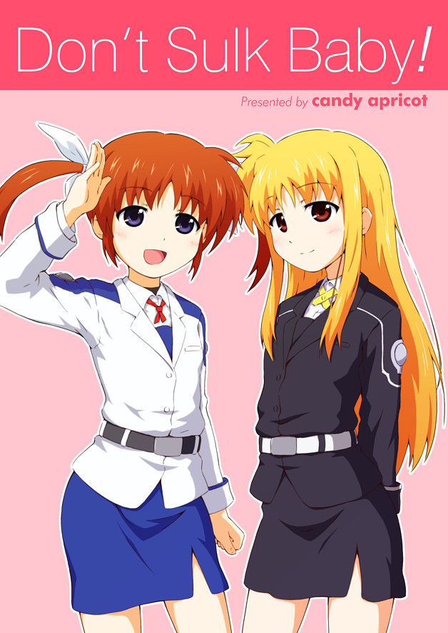 2girls arms_behind_back artist_name belt black_belt black_jacket black_skirt blonde_hair blue_eyes blue_skirt brown_hair closed_mouth commentary_request dress_shirt english_text fate_testarossa hair_ribbon jacket long_hair long_sleeves lyrical_nanoha mashita_(candy_apricot) medium_hair military_uniform miniskirt multiple_girls neck_ribbon no_legwear open_mouth pencil_skirt red_eyes red_ribbon ribbon salute shirt side-by-side side_slit skirt smile takamachi_nanoha tsab_air_military_uniform tsab_executive_military_uniform white_belt white_jacket white_ribbon white_shirt wing_collar yellow_ribbon