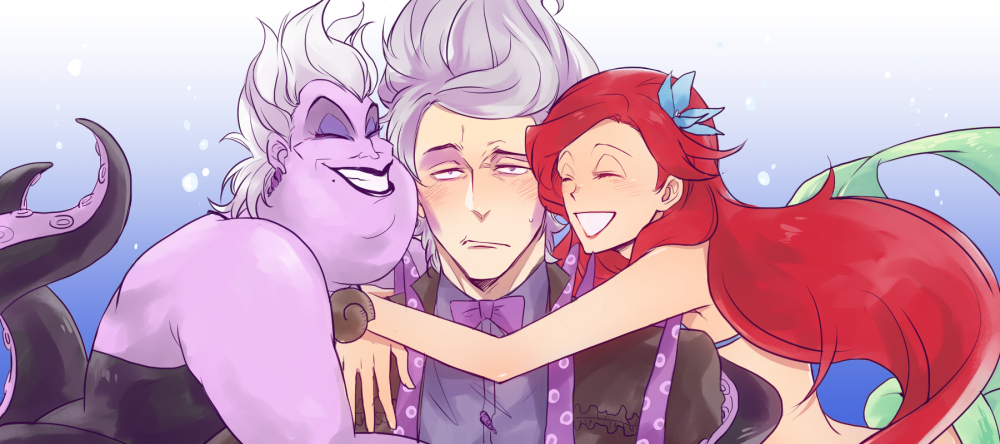 1boy 2girls 8-foot_joe ariel_(disney) bad_id bad_pixiv_id colored_skin disney disneyland girl_sandwich hug ichihara_dai mermaid mole mole_under_mouth monster_girl multiple_girls purple_skin recruiters_(disney) red_hair sandwiched scylla the_little_mermaid_(disney) ursula_(disney)