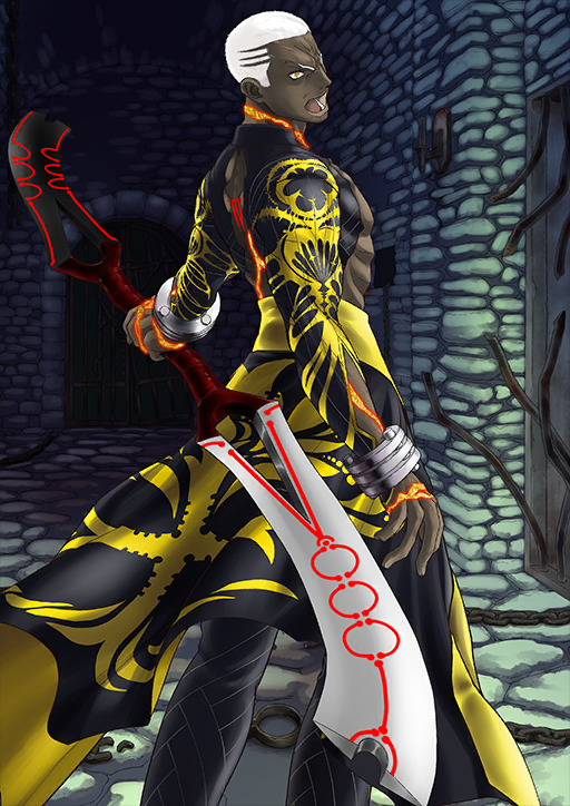 1boy arm_at_side bangle black_cape black_jacket black_pants bracelet buzz_cut cape chain cropped_jacket cuffs dark-skinned_male dark_skin double_blade emiya_alter fate/grand_order fate_(series) feet_out_of_frame from_behind glowing_scar holding holding_sword holding_weapon jacket jewelry kanshou_&amp;_bakuya_(fate) legs_apart long_sleeves looking_at_viewer looking_back lower_teeth_only male_focus multiple_scars no_shirt official_art open_mouth outstretched_arm pants roman_numeral sasaki_shounen scar scar_on_arm scar_on_back scar_on_neck shackles short_hair short_sideburns shouting solo standing sword teeth third-party_source toned toned_male v-shaped_eyebrows variant_set very_dark_skin very_short_hair waist_cape weapon yellow_eyes