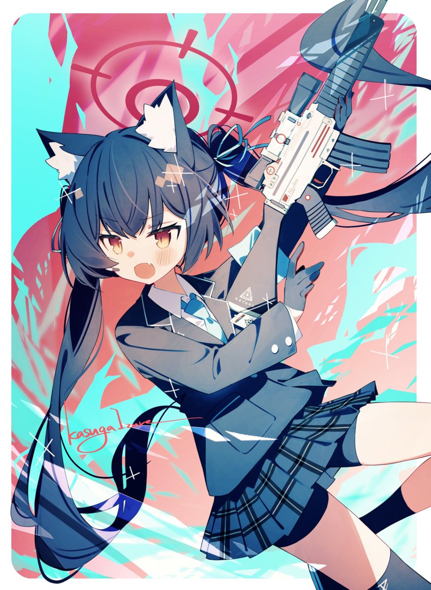 1girl animal_ear_fluff animal_ears assault_rifle beretta_ar70/90 bike_shorts bike_shorts_under_skirt black_gloves black_shorts black_skirt black_socks blazer blue_archive blue_coat blue_necktie blush border cat_ears coat collared_shirt commentary_request fang feet_out_of_frame gloves gun hair_between_eyes halo highres holding holding_gun holding_weapon jacket kasuga_haruhi lapels light_particles long_sleeves looking_ahead looking_at_viewer multicolored_background necktie open_mouth plaid_clothes plaid_skirt pleated_skirt red_eyes red_halo rifle serika_(blue_archive) shirt shorts skin_fang skirt slit_pupils socks solo v-shaped_eyebrows weapon white_border white_shirt