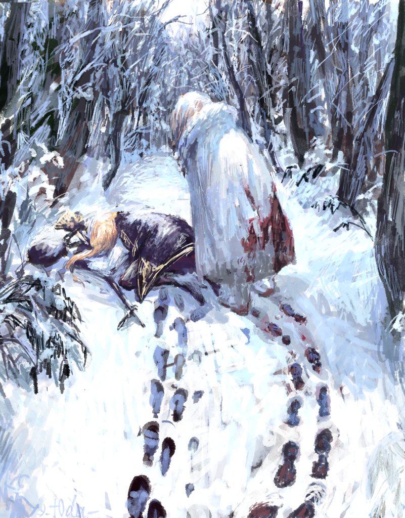 1boy 1girl artoria_caster_(fate) artoria_caster_(second_ascension)_(fate) artoria_pendragon_(fate) bare_tree beret black_pantyhose blonde_hair blood blood_on_clothes blood_on_snow blue_boots blue_cloak boots cloak day fallen_down fate/grand_order fate_(series) footprints forest from_behind fur_trim gold_trim grey_hair hat holding holding_staff long_hair nature oberon_(fate) oberon_(third_ascension)_(fate) on_ground outdoors painting_(medium) pantyhose short_hair snow staff staff_of_selection_(fate) t0da traditional_media tree white_cloak white_fur winter