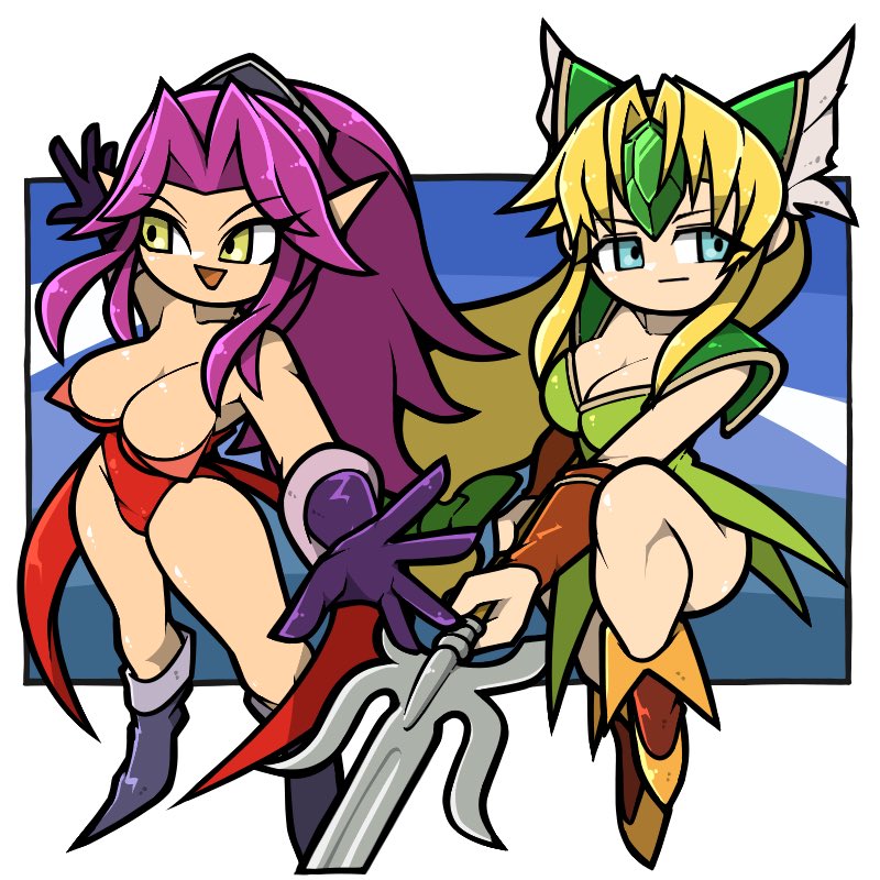 2girls :d :| angela_(seiken_densetsu_3) armor bare_shoulders blonde_hair blue_eyes breasts closed_mouth curtained_hair dress forehead_jewel gem gloves green_dress green_gemstone holding holding_polearm holding_weapon large_breasts leotard long_hair low-tied_long_hair multiple_girls name_omoitukan2 open_mouth outstretched_arms pointy_ears polearm purple_gloves purple_hair red_leotard riesz seiken_densetsu seiken_densetsu_3 shiny_skin shoulder_armor smile spear spread_arms thick_lineart weapon yellow_eyes