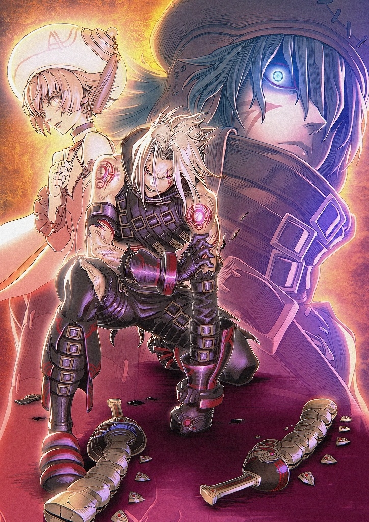 .hack// .hack//g.u. .hack//g.u._last_recode 1girl 2boys angry azure_kite belt blue_eyes dagger glowing glowing_eyes hair_over_one_eye haseo_(.hack//) hat kneeling knife looking_at_viewer multiple_boys official_art serious shino_(.hack//) short_hair spiked_hair tattoo torn_clothes weapon