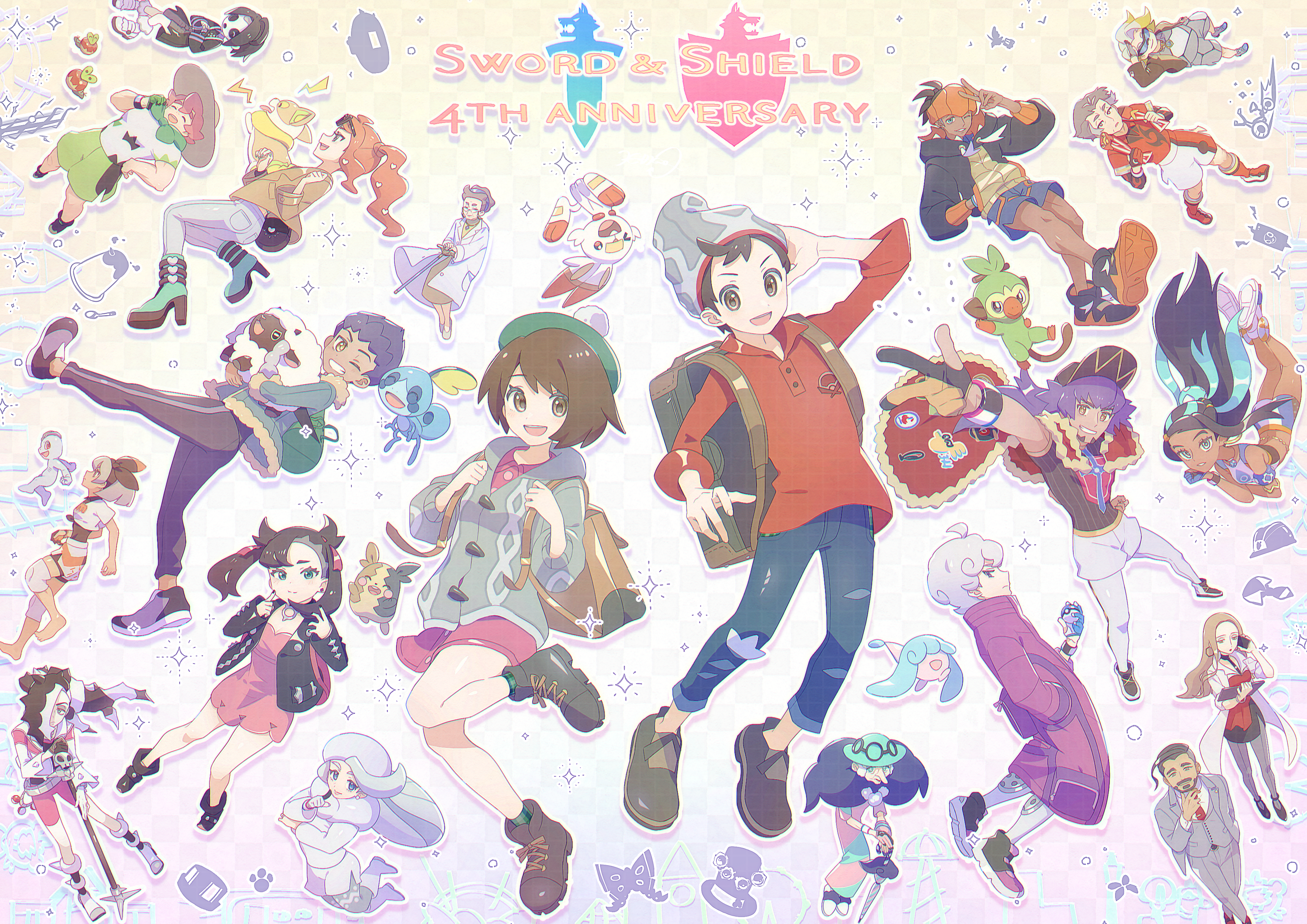 6+boys 6+girls :d absurdres ahoge allister_(pokemon) anniversary applin backpack bag barefoot bea_(pokemon) beanie bede_(pokemon) belt black_footwear black_jacket boots bow_hairband brown_bag brown_footwear brown_jacket buttons cane cardigan coat collared_shirt commentary_request copyright_name curly_hair dark-skinned_female dark-skinned_male dark_skin dress everyone floating_hair gen_1_pokemon gen_8_pokemon gloria_(pokemon) gloves gordie_(pokemon) green_footwear green_headwear grey_cardigan grey_hair grey_headwear grey_jacket grey_pants grey_vest grin grookey hairband hat hatenna headband hedihog highres holding holding_poke_ball holding_pokemon holding_strap hood hoodie hop_(pokemon) jacket kabu_(pokemon) knee_pads leon_(pokemon) long_hair machop magnolia_(pokemon) marnie_(pokemon) mask melony_(pokemon) microphone_stand milo_(pokemon) morpeko morpeko_(full) multicolored_hair multiple_boys multiple_girls nessa_(pokemon) nintendo oleana_(pokemon) opal_(pokemon) open_clothes open_jacket open_mouth orange_hair orange_headband pants pantyhose piers_(pokemon) pink_dress poke_ball pokemon pokemon_(creature) pokemon_swsh purple_coat raihan_(pokemon) red_shirt rose_(pokemon) scarf scorbunny shirt shoes short_hair short_sleeves shorts side_ponytail skirt smile sobble sonia_(pokemon) tam_o'_shanter tassel teeth twintails two-tone_hair vest victor_(pokemon) wooloo yamper
