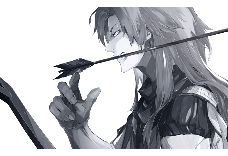 1boy arrow_(projectile) arrow_in_mouth bow_(weapon) chiron_(fate) commentary_request fate/grand_order fate_(series) fingernails from_side greyscale holding holding_bow_(weapon) holding_weapon long_hair looking_ahead male_focus monochrome mouth_hold sei_8220 simple_background solo weapon weapon_in_mouth white_background