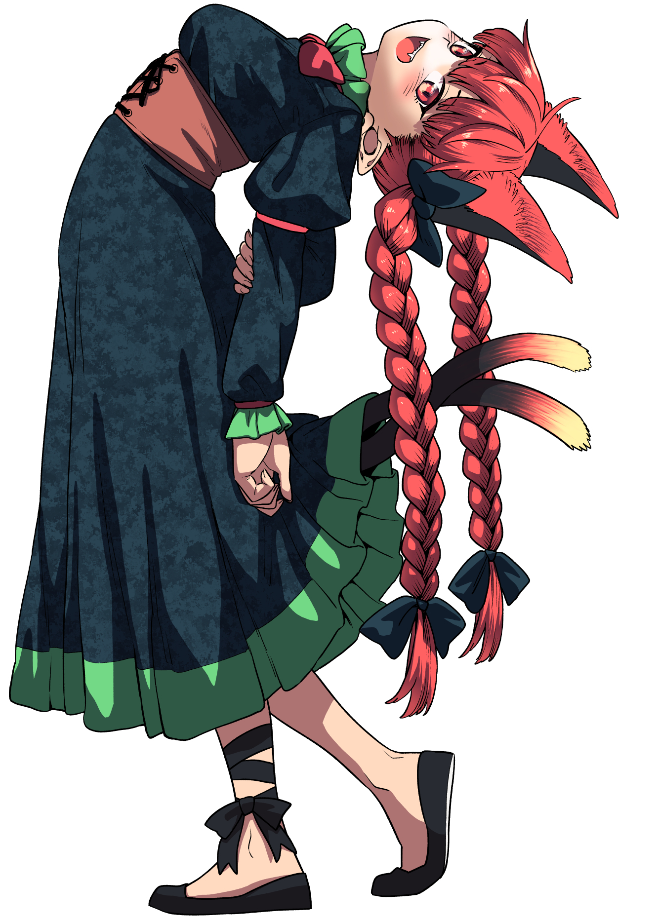 1girl :d animal_ears arm_at_side arm_behind_back bent_over_backwards black_bow blunt_bangs blush bow braid breasts cat_ears cat_girl cat_tail commentary_request corset dress extra_ears fangs from_side full_body fuuzasa holding_own_arm green_dress hair_bow highres juliet_sleeves kaenbyou_rin leaning_back long_hair long_sleeves looking_at_viewer medium_breasts multiple_tails open_mouth pointy_ears puffy_sleeves red_eyes red_hair simple_background smile solo standing tail teeth touhou tsurime twin_braids two_tails upper_teeth_only white_background