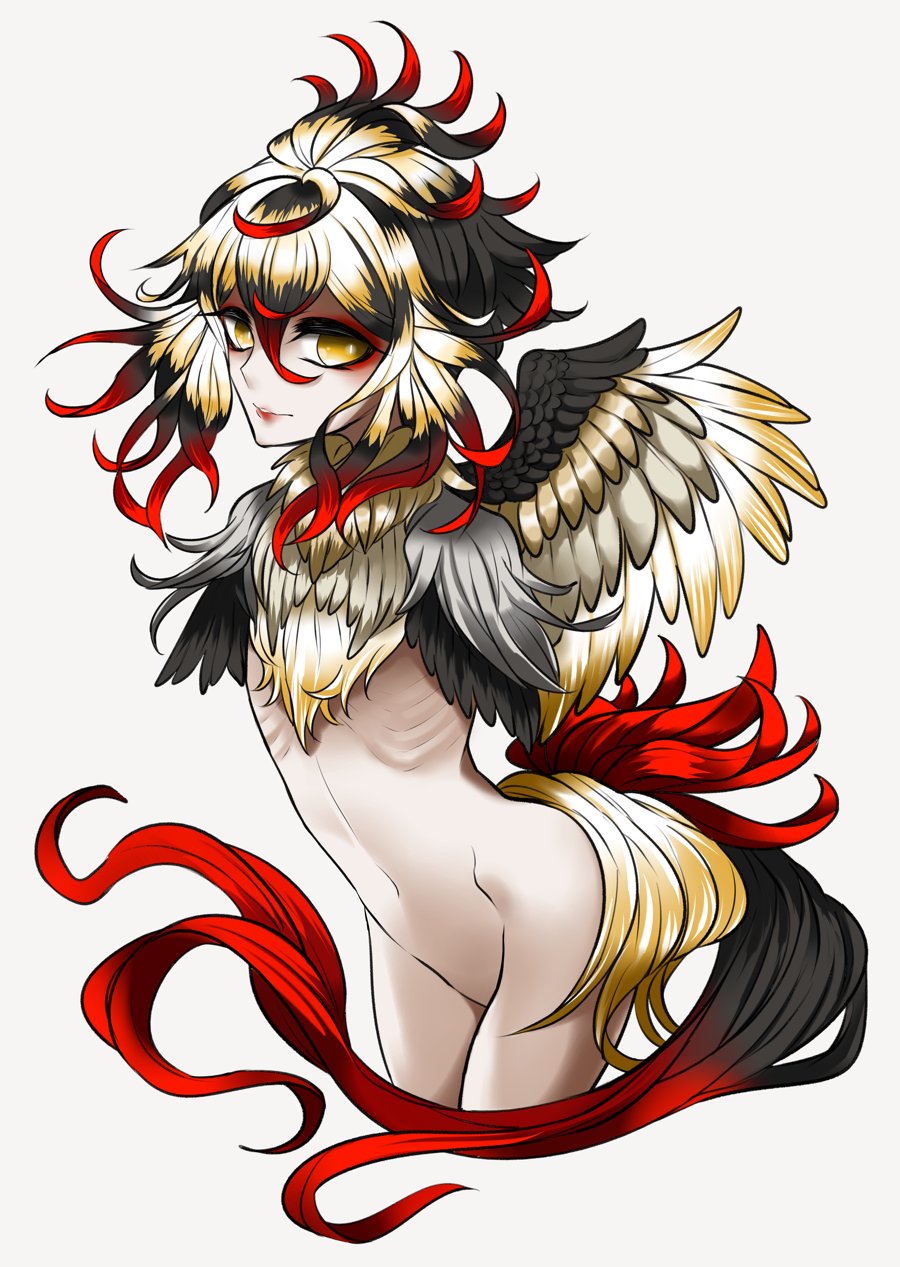 1girl ano5102 no_arms feathered_wings female_focus harpy highres lips monster_girl multicolored_hair navel nude original pale_skin ribs simple_background skinny solo white_background wings