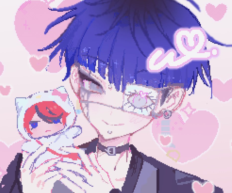 2boys black_hair blue_eyes blue_hair bridge_piercing chibi closed_mouth collarbone ear_piercing earrings eyepatch face_piercing hair_over_one_eye heart holding_chibi japanese_clothes jewelry lip_piercing looking_at_viewer male_focus messy_hair multicolored_eyes multicolored_hair multiple_boys omokage_yugamu one_eye_covered piercing pink_background pixel_art red_eyes red_hair smile sumino_takumi the_hundred_line_-last_defense_academy-
