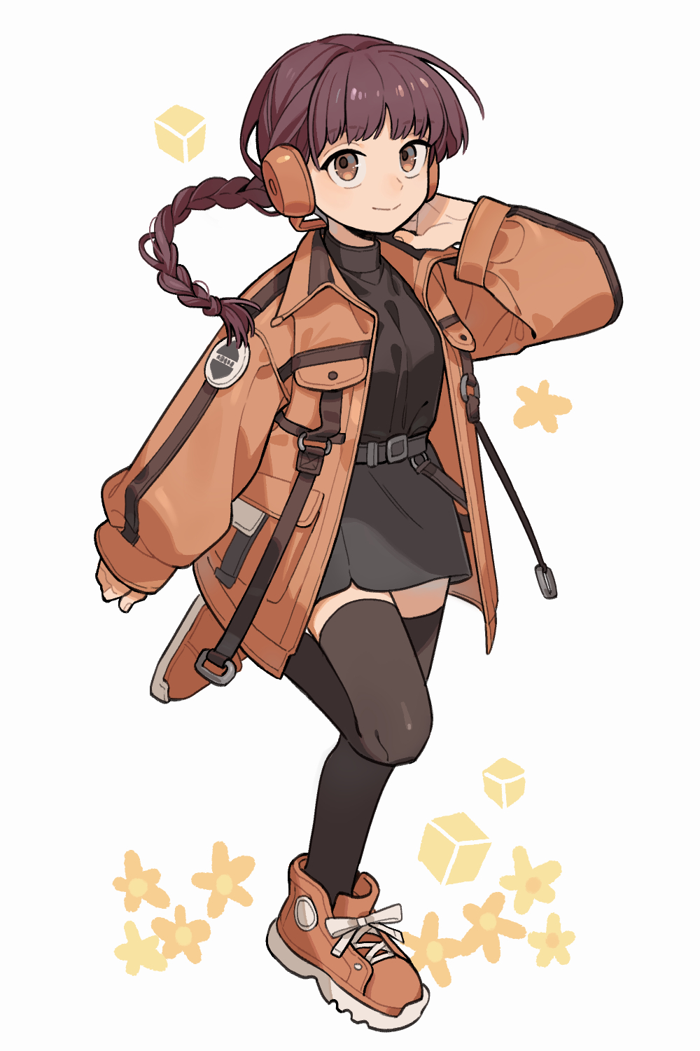 1girl adapted_costume arm_at_side badge belt black_shirt black_skirt black_thighhighs blunt_bangs braid braided_ponytail breasts cube floating_hair full_body hand_up headphones headset highres jacket long_hair long_sleeves medium_breasts miniskirt nana_0253 open_clothes open_jacket orange_eyes orange_jacket orange_shoes shirt shoes simple_background single_braid skirt sleeves_past_wrists sneakers solo standing standing_on_one_leg teruya_fumika thighhighs turtleneck white_background world_trigger zettai_ryouiki