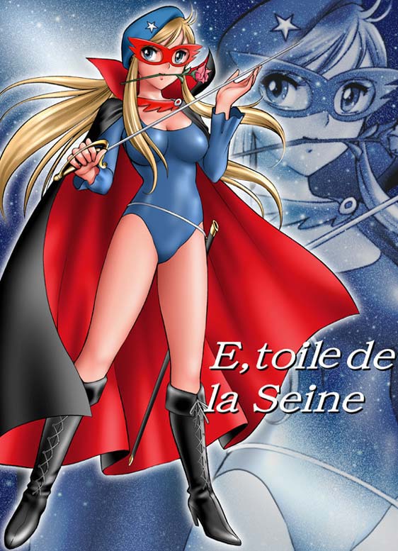 1970s_(style) 1girl beret blonde_hair boots breasts cape female_focus flower french_text hat la_seine_no_hoshi leotard mask mouth_hold oldschool ranguage rapier retro_artstyle rose scabbard sheath shingyouji_tatsuya simone_(la_seine_no_hoshi) solo standing sunrise_(company) sword weapon zoom_layer