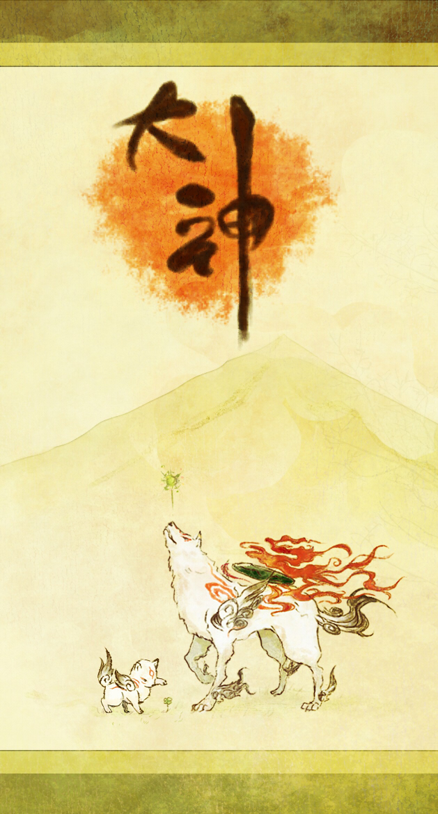 amaterasu_(ookami) animal chibiterasu copyright_name dog flower issun mountain no_humans ookami_(game) ookamiden puppy satsuki_(zen05) wolf