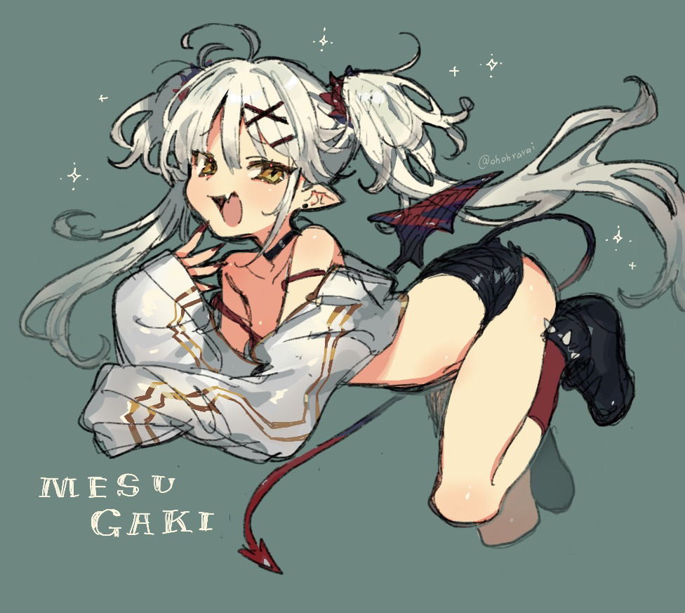 1girl :d bare_shoulders black_shoes black_shorts blush commentary_request demon_girl demon_tail demon_wings fang full_body green_background grey_hair hair_ornament long_hair long_sleeves looking_at_viewer oimo_(14sainobba) open_mouth original red_socks shirt shoes short_shorts shorts simple_background smile socks solo tail twintails twitter_username white_shirt wings x_hair_ornament yellow_eyes