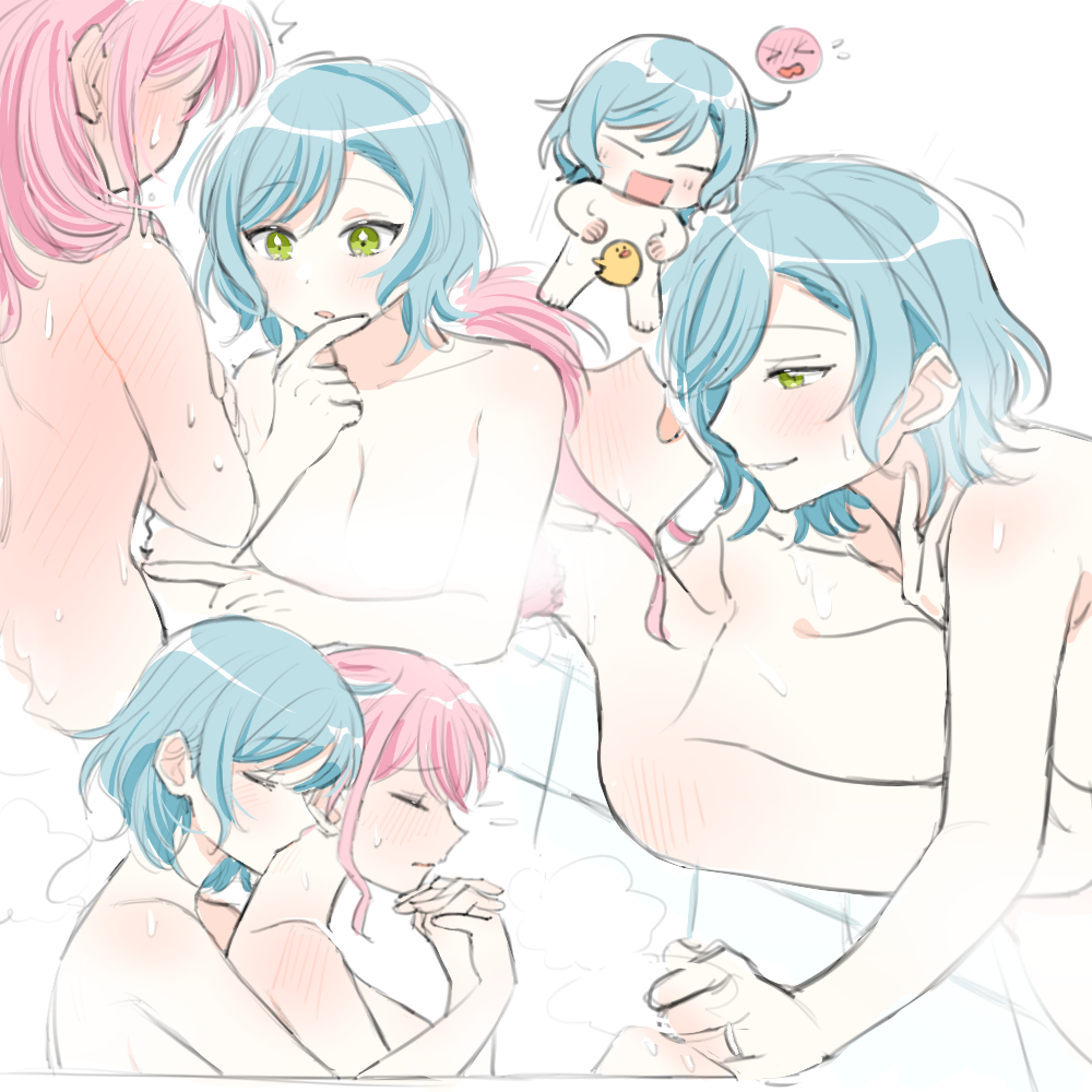 2girls bang_dream! blue_hair blush breasts censored chieh closed_eyes commentary completely_nude cuddling ear_blush green_eyes hand_on_another&#039;s_neck hikawa_hina holding_hands interlocked_fingers kiss kissing_neck long_hair looking_at_another maruyama_aya medium_breasts multiple_girls novelty_censor nude open_mouth parted_lips pink_hair short_hair simple_background smile sweat symbol-only_commentary white_background yuri