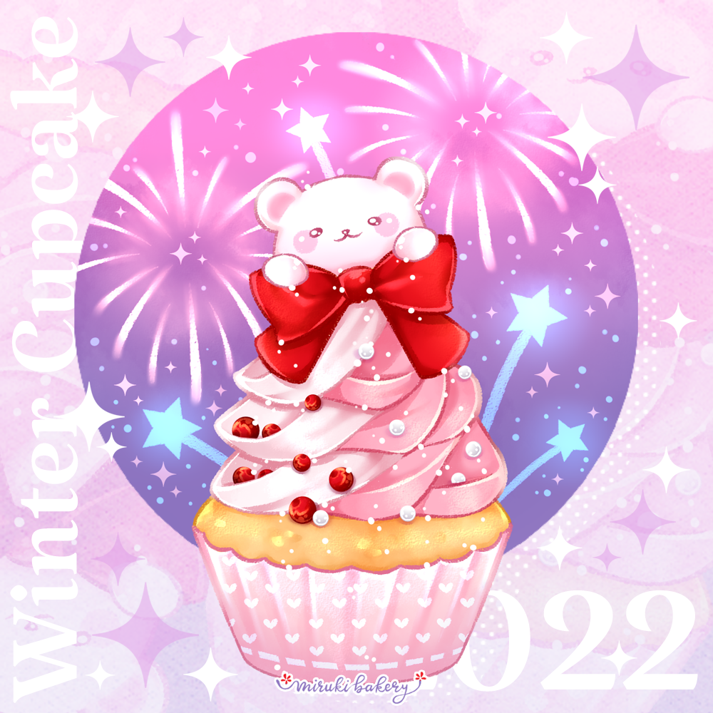 2022 :3 animal_focus artist_name bear blush_stickers bow brown_eyes chocomiruki closed_mouth commentary_request cupcake english_text fireworks food food_focus halftone heart icing light_particles looking_at_viewer new_year no_humans on_food original polar_bear purple_background red_bow smile sparkle star_(symbol) zoom_layer