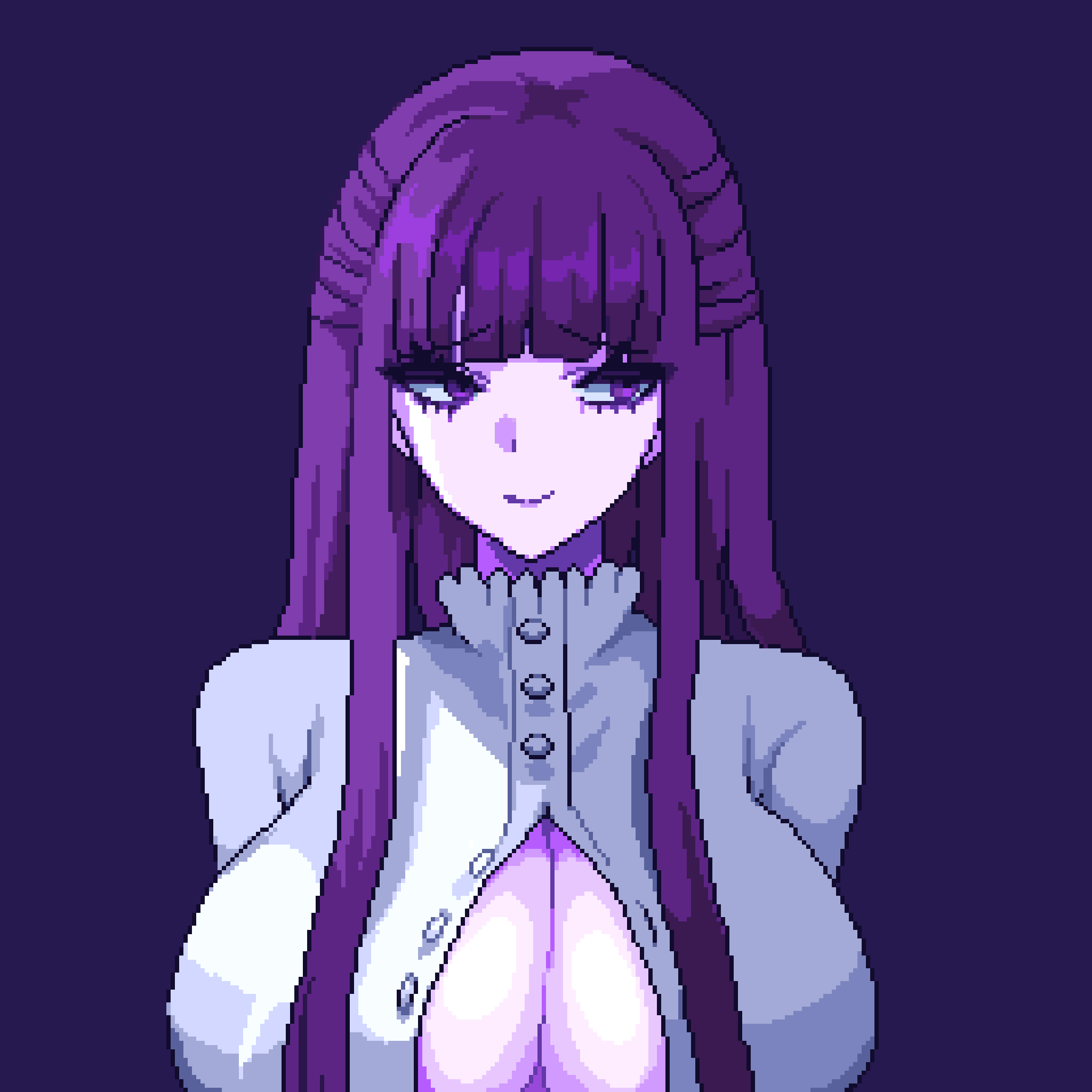 1girl alternate_breast_size blunt_bangs breasts buttons cleavage closed_mouth collar dress fern_(sousou_no_frieren) frilled_collar frilled_dress frills high_collar highres large_breasts long_hair looking_to_the_side partially_unbuttoned pixel_art pixelcadete purple_background purple_eyes purple_hair raised_inner_eyebrows sidelocks simple_background smile solo sousou_no_frieren straight_hair white_dress