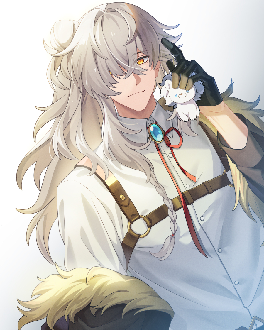 1boy black_gloves black_jacket closed_mouth fur-trimmed_jacket fur_trim gloves grey_hair hair_over_one_eye holding holding_stuffed_toy honkai:_star_rail honkai_(series) jacket jewelry jiman jing_yuan long_hair long_sleeves looking_at_viewer male_focus mole mole_under_eye shirt smile solo stuffed_animal stuffed_lion stuffed_toy white_background white_shirt yellow_eyes