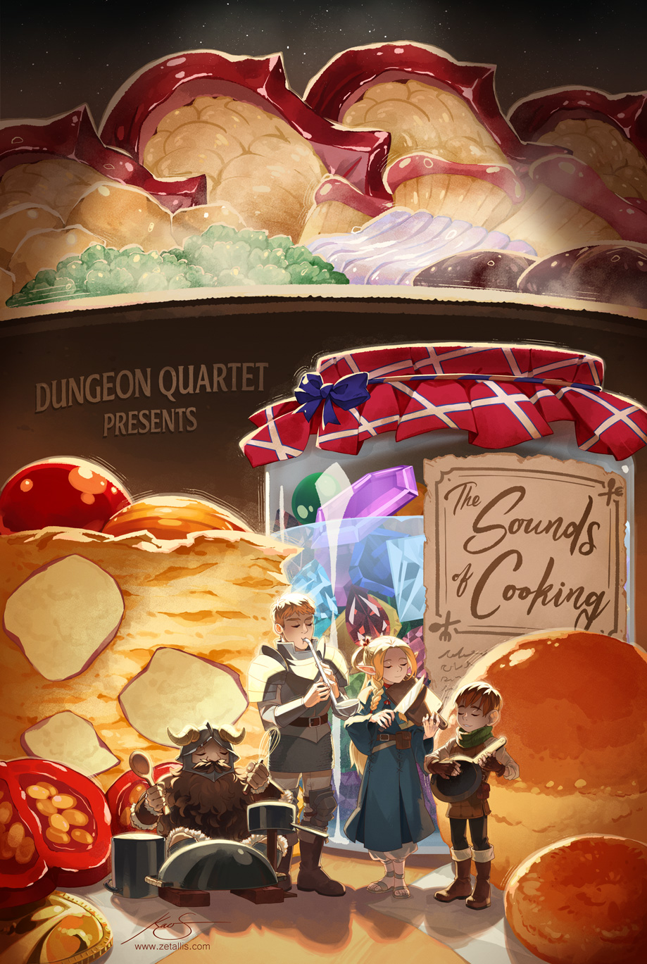 1girl 3boys armor band_(music) beard beard_over_mouth blue_capelet blue_robe braid capelet chilchuck_tims cutting_board dungeon_meshi dwarf elf english_text facial_hair fake_horns food hair_around_ear halfling helmet highres horned_helmet horns knife ladle laios_touden leather_armor long_beard marcille_donato multiple_boys multiple_braids mustache neck_warmer plate_armor pointy_ears robe senshi_(dungeon_meshi) spoon thick_mustache very_long_beard whisk wok zetallis