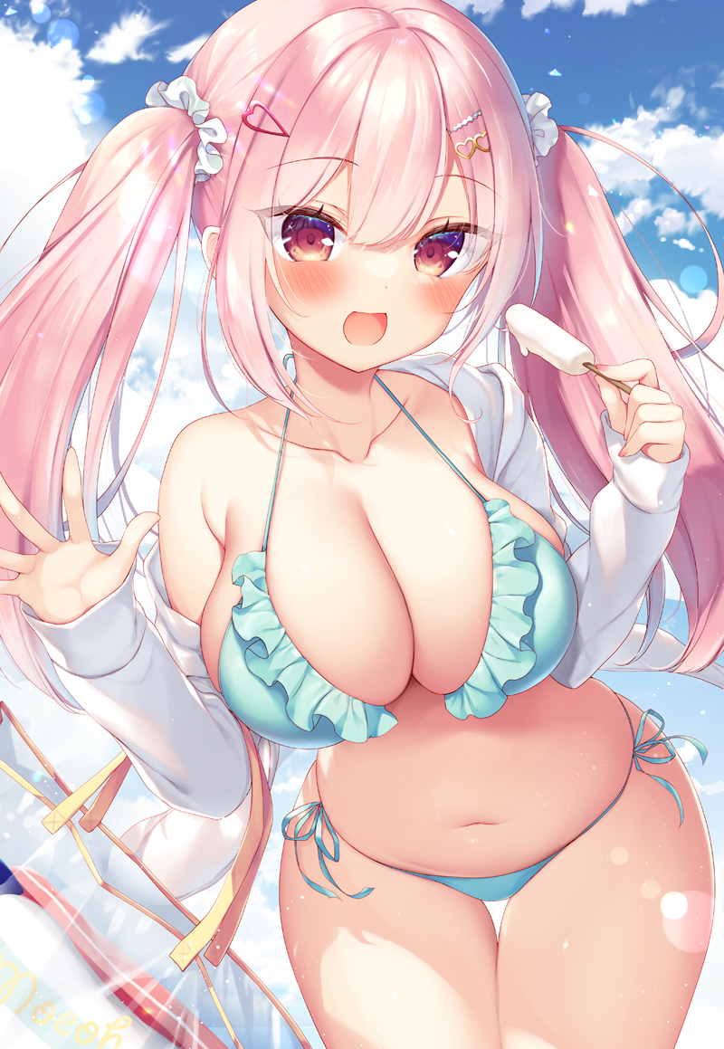 1girl bag bikini blue_sky blush breasts cleavage cloud cloudy_sky collarbone commentary_request curvy day dengeki_moeoh elbow_carry fingernails food frilled_bikini frills green_bikini groin hair_between_eyes hair_ornament hair_scrunchie hairclip halterneck heart heart_hair_ornament holding holding_bag holding_food holding_popsicle jacket large_breasts leaning_to_the_side long_hair long_sleeves looking_at_viewer nail_polish navel open_clothes open_jacket open_mouth original pink_eyes pink_hair pink_nails popsicle raised_eyebrows salute sazaki_ichiri scrunchie shopping_bag side-tie_bikini_bottom single_bare_shoulder sky sleeves_past_wrists smile solo stomach sunlight swimsuit thigh_gap thighs twintails white_jacket white_scrunchie wide_hips