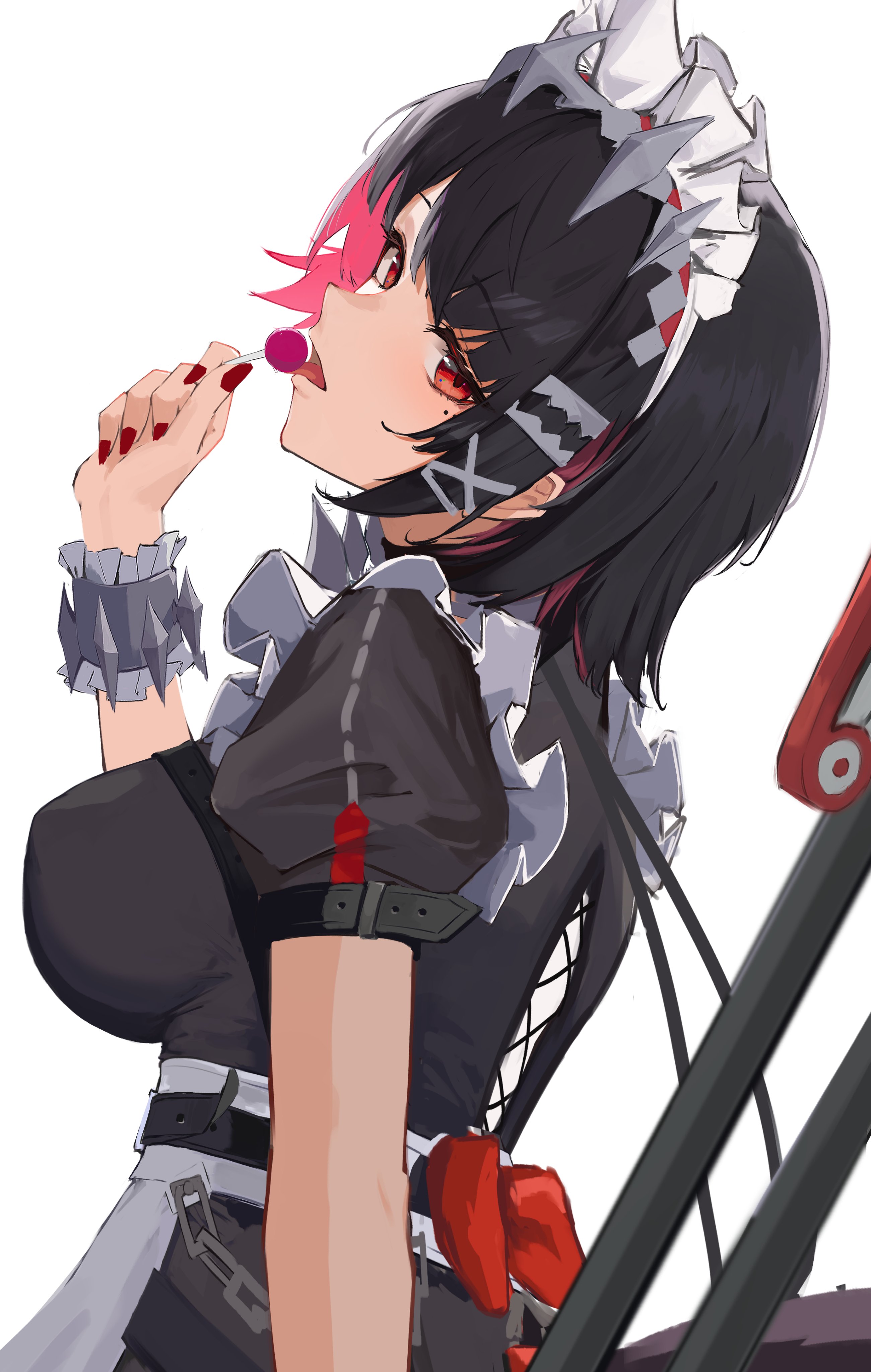 1girl absurdres black_dress black_hair breasts candy dress ellen_joe food hair_ornament hashtag-only_commentary highres holding holding_candy holding_food holding_lollipop large_breasts lollipop looking_at_viewer looking_back maid_headdress mole mole_under_eye multicolored_hair nail_polish nekomatamago open_mouth red_eyes red_hair red_nails short_hair simple_background solo streaked_hair tongue tongue_out upper_body white_background white_headdress x_hair_ornament zenless_zone_zero