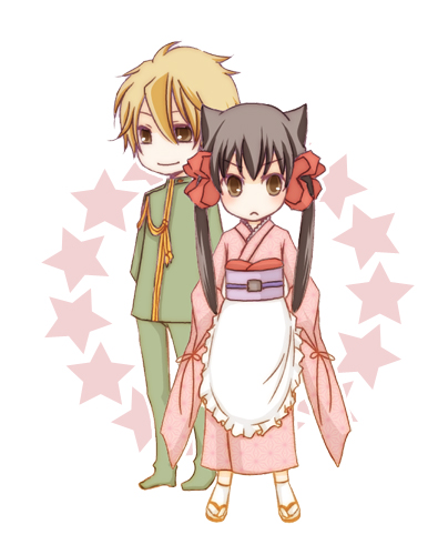 1boy 1girl :&lt; agemaki_kei aiguillette animal_ears apron asa_no_ha_(pattern) blonde_hair bow brown_eyes chibi chico-noche fox_ears hair_bow hair_ribbon hands_on_own_hips japanese_clothes kimono long_hair lowres military military_uniform obi otome_youkai_zakuro ribbon sash simple_background smile standing star_(symbol) twintails zakuro zakuro_(otome_youkai_zakuro)