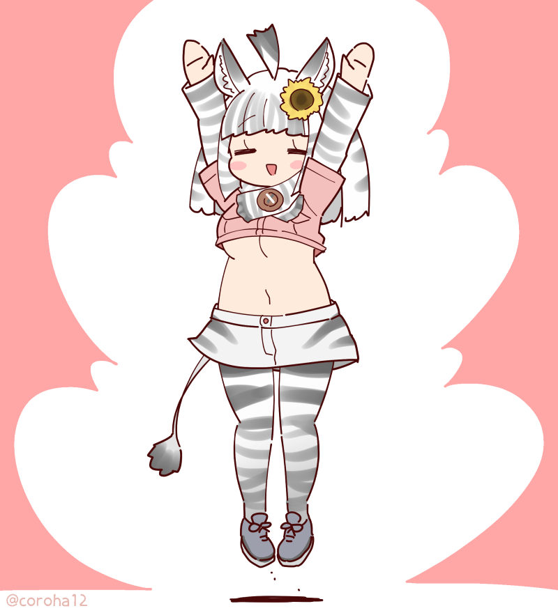 1girl animal_ears animal_print arms_up closed_eyes coroha extra_ears flower full_body grey_hair hair_ornament jumping kemono_friends kemono_friends_3 long_hair mountain_zebra_(kemono_friends) navel pantyhose pink_background scarf shirt shoes shorts simple_background solo tail zebra_ears zebra_girl zebra_print zebra_tail