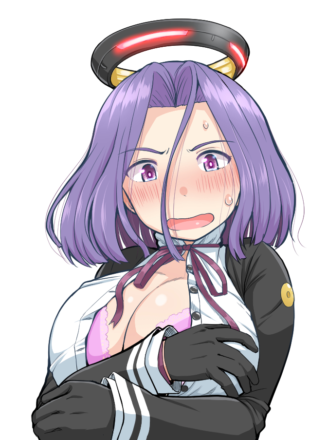 1girl black_gloves blush bra breasts gloves hair_intakes halo kantai_collection large_breasts long_sleeves mechanical_halo mimofu_(fullhighkick) partially_unbuttoned purple_bra purple_eyes purple_hair school_uniform short_hair solo tatsuta_(kancolle) underwear upper_body