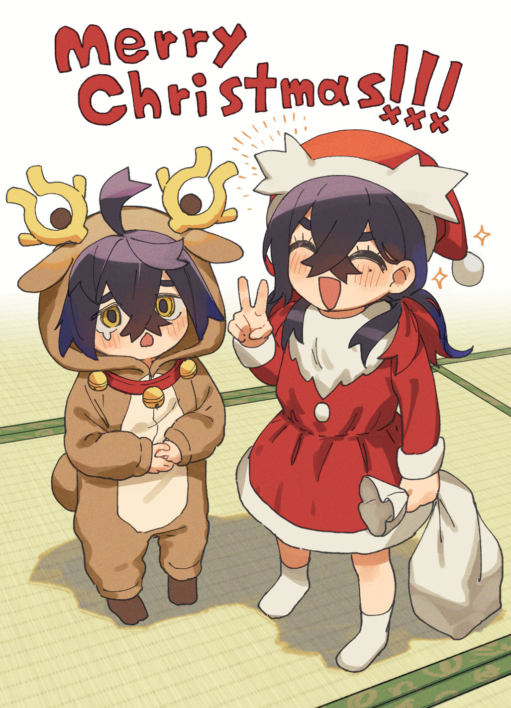 1boy 1girl ahoge bag black_hair blush carmine_(pokemon) christmas closed_eyes coat commentary_request cosplay crossed_bangs delibird delibird_(cosplay) eyelashes from_above full_body gen_2_pokemon hat highres holding holding_bag kieran_(pokemon) meno_oku merry_christmas nintendo onesie open_mouth own_hands_together pokemon pokemon_sv red_coat santa_hat smile sparkle stantler stantler_(cosplay) v yellow_eyes