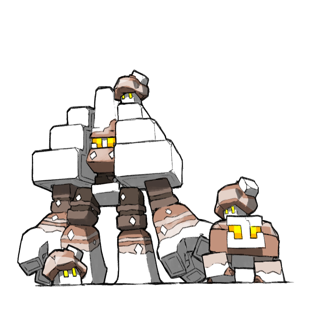 animal_focus blacknirrow carrying commentary english_commentary evolutionary_line full_body garganacl looking_up nacli naclstack nintendo no_humans orange_eyes pokemon pokemon_(creature) riding riding_animal riding_pokemon shoulder_carry simple_background sitting_on_shoulder square_eyes square_pupils standing white_background yellow_eyes yellow_pupils