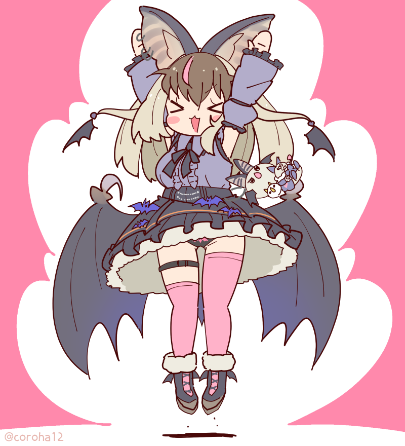 1girl animal_ears arms_up bat_ears bat_girl bat_wings belt bow bowtie brown_hair brown_long-eared_bat_(kemono_friends) coroha earrings extra_ears full_body grey_hair jewelry jumping kemono_friends kemono_friends_v_project long_hair multicolored_hair panties pink_background poporu_(kemono_friends) shirt shoes simple_background skirt streaked_hair stuffed_toy thighhighs underwear virtual_youtuber wings