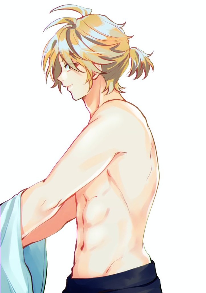 1boy black_pants blonde_hair closed_mouth commentary eyes_visible_through_hair from_side kokuhaku_jikkou_iinkai looking_at_viewer looking_to_the_side male_focus pants ponytail profile shibasaki_aizou short_hair short_ponytail simple_background solo sophia_pie_12 topless_male towel upper_body white_background yellow_eyes