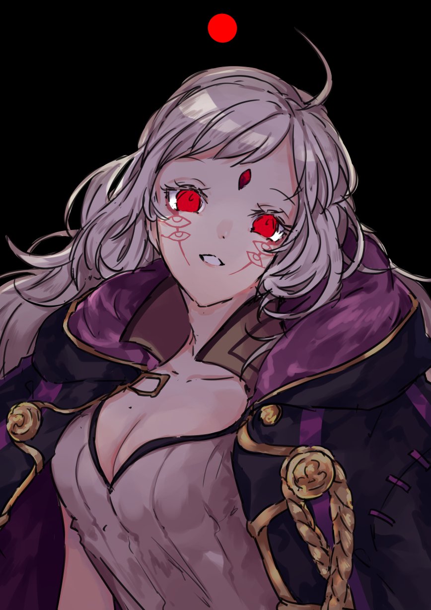 1girl ahoge alternate_costume ama_asagi black_background blonde_hair breasts cleavage_cutout clothing_cutout corruption cosplay dark_persona facial_tattoo female_robin_(fire_emblem) female_robin_(fire_emblem)_(cosplay) female_robin_(grima)_(fire_emblem) fire_emblem fire_emblem_awakening fire_emblem_fates fire_emblem_heroes grima_(fire_emblem) grima_(fire_emblem)_(cosplay) highres intelligent_systems looking_at_viewer nintendo ophelia_(fire_emblem) possessed possession red_eyes simple_background smile solo tattoo upper_body