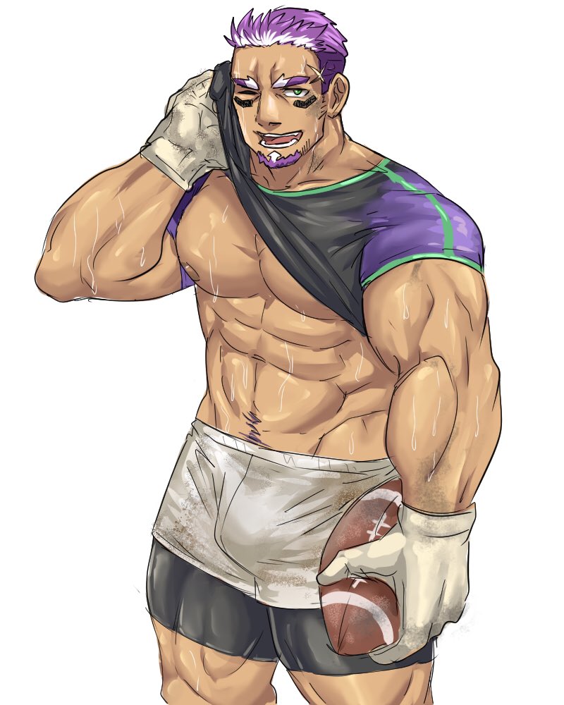 1boy abs ball bara bare_pectorals bulge dark-skinned_male dark_skin facial_hair feet_out_of_frame gloves goatee large_pectorals leggings_under_shorts live_a_hero male_focus mature_male muscular muscular_male navel navel_hair nipples pectorals rugby_ball rugby_uniform shaft_(live_a_hero) short_hair shorts sideburns sideburns_stubble sportswear standing stomach strongman_waist stubble sweat thick_eyebrows thick_thighs thighs two-tone_beard very_sweaty weedwolfeatmeat white_shorts wiping_face wiping_sweat