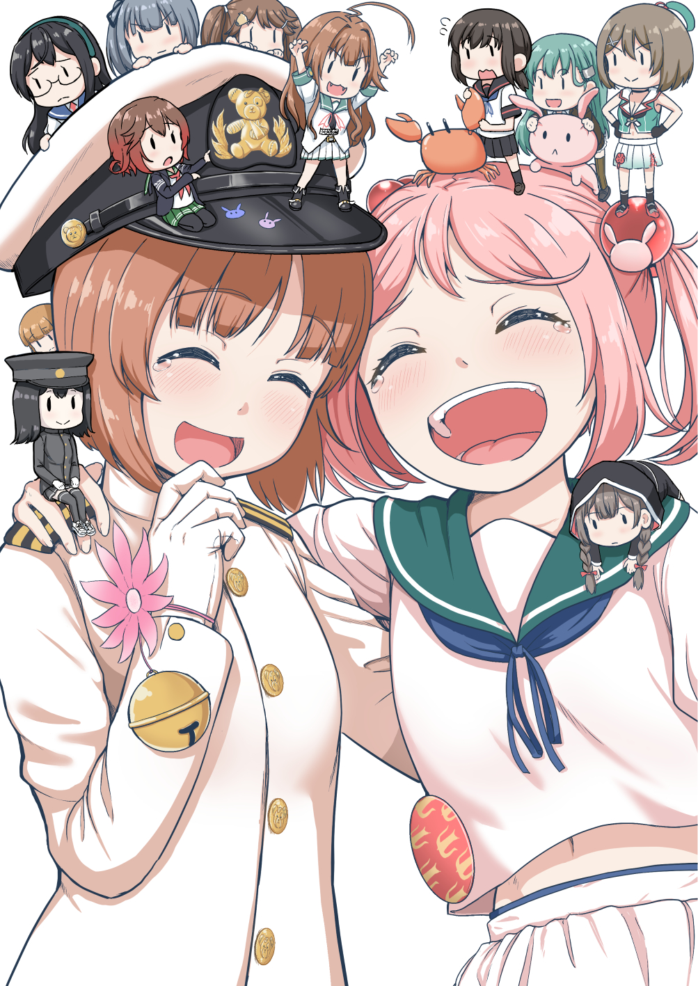 akitsu_maru_(kancolle) animal animal_on_head arm_around_back arm_around_shoulder bell blouse blue_neckerchief boko_(girls_und_panzer) brown_hair chibi chibi_on_head chibi_on_shoulder closed_eyes commentary_request cosplay crab_on_head crossover female_admiral_(kancolle) female_admiral_(kancolle)_(cosplay) fubuki_(kancolle) fubuki_kai_ni_(kancolle) girls_und_panzer green_sailor_collar hand_on_another&#039;s_shoulder hat highres jacket jingle_bell kantai_collection kasumi_(kancolle) kuma_(kancolle) kuma_kai_ni_(kancolle) laughing long_sleeves maya_(kancolle) maya_kai_ni_(kancolle) midriff_peek military_hat military_uniform mimofu_(fullhighkick) multiple_girls mutsuki_(kancolle) mutsuki_kai_ni_(kancolle) navel neckerchief nishizumi_miho on_head ooyodo_(kancolle) open_mouth peaked_cap pink_hair rabbit rabbit_on_head ryuujou_(kancolle) sailor_collar sazanami_(kancolle) sazanami_kai_(kancolle) shinshuu_maru_(kancolle) shirt short_hair smile suzuya_(kancolle) suzuya_kai_ni_(kancolle) tearing_up twintails white_hat white_jacket white_shirt