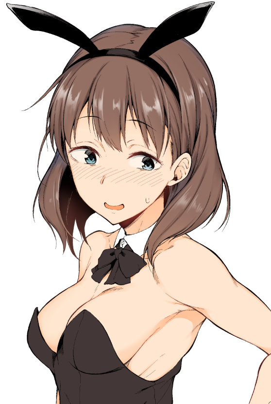 10s 1girl animal_ears bare_shoulders blue_eyes blush breasts brown_hair cleavage detached_collar fake_animal_ears female_focus hairband idolmaster idolmaster_cinderella_girls leotard medium_breasts open_mouth playboy_bunny rabbit_ears sakuma_mayu short_hair sideboob simple_background solo spirytus_tarou upper_body white_background