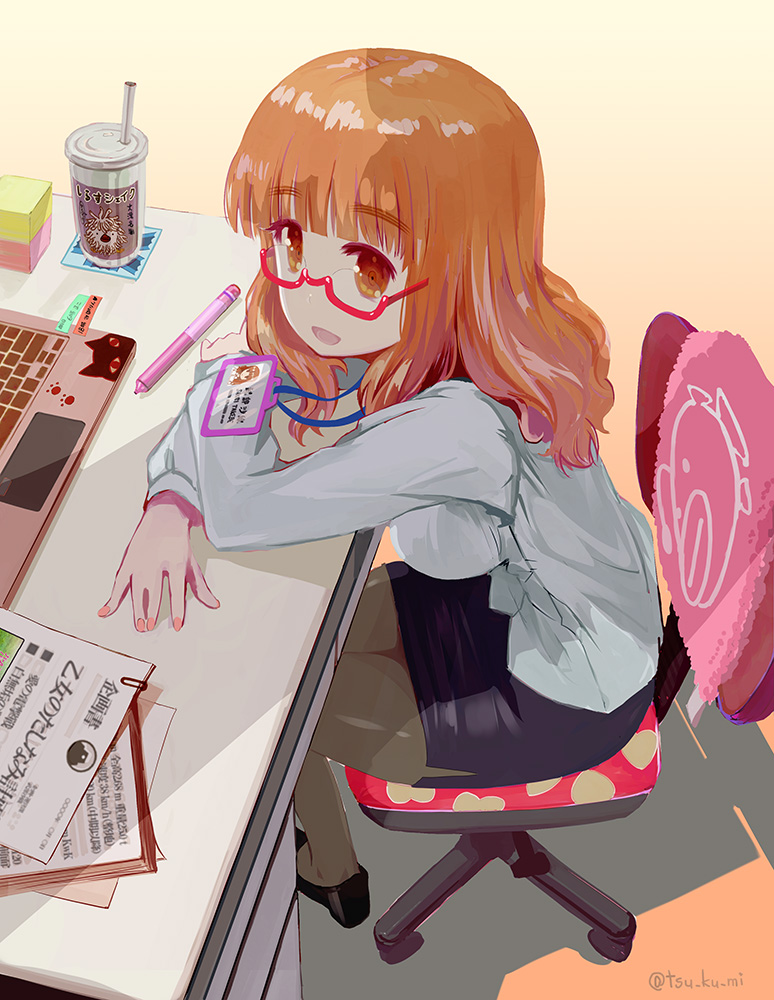 1girl alternate_costume anglerfish araippe black_shoes black_skirt blouse blunt_bangs chair commentary computer cup desk disposable_cup dress_shirt emblem fish from_side girls_und_panzer glasses grey_pantyhose id_card japanese_tankery_league_(emblem) lanyard laptop leaning_forward long_hair long_sleeves looking_at_viewer miniskirt office_chair office_lady on_chair open_mouth orange_eyes orange_hair pantyhose pen pencil_skirt red-framed_eyewear semi-rimless_eyewear shirt shoes sitting skirt smile solo sticky_note swivel_chair takebe_saori under-rim_eyewear white_shirt yurikuta_tsukumi