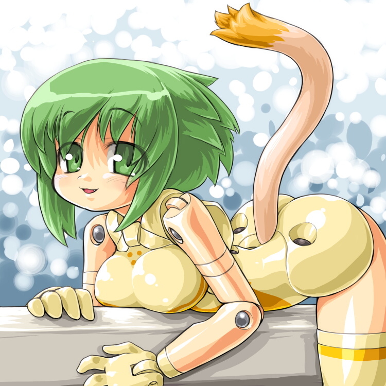 10s 1girl :d bad_id bad_pixiv_id bare_shoulders blush breast_rest breasts busou_shinki clothing_cutout cowboy_shot dd_(ijigendd) doll_joints eyes_visible_through_hair fang female_focus from_side gloves green_eyes green_hair joints large_breasts leotard looking_at_viewer lying maochao matching_hair/eyes on_stomach open_mouth short_hair smile solo straddling tail tail_through_clothes thighhighs yellow_gloves yellow_thighhighs