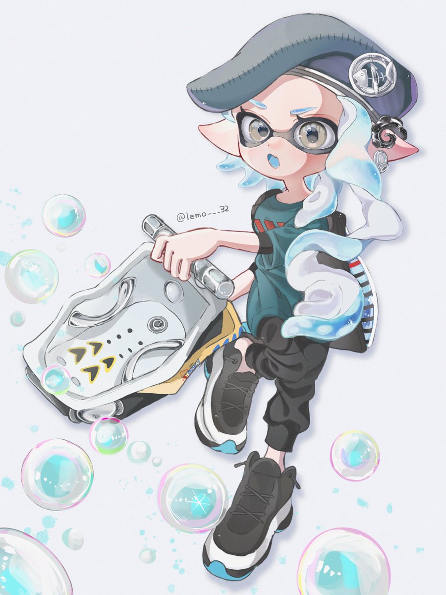 1girl beret black_pants black_shoes bloblobber_(splatoon) blue_hair commentary_request dot_nose earrings fang full_body green_shirt grey_eyes grey_hat hat highres ink_tank_(splatoon) inkling inkling_girl inkling_player_character jewelry lemo_(lemo_4) long_hair nintendo open_mouth pants pointy_ears shirt shoes simple_background skin_fang soap_bubbles solo splatoon_(series) splatoon_3 tentacle_hair v-shaped_eyebrows white_background