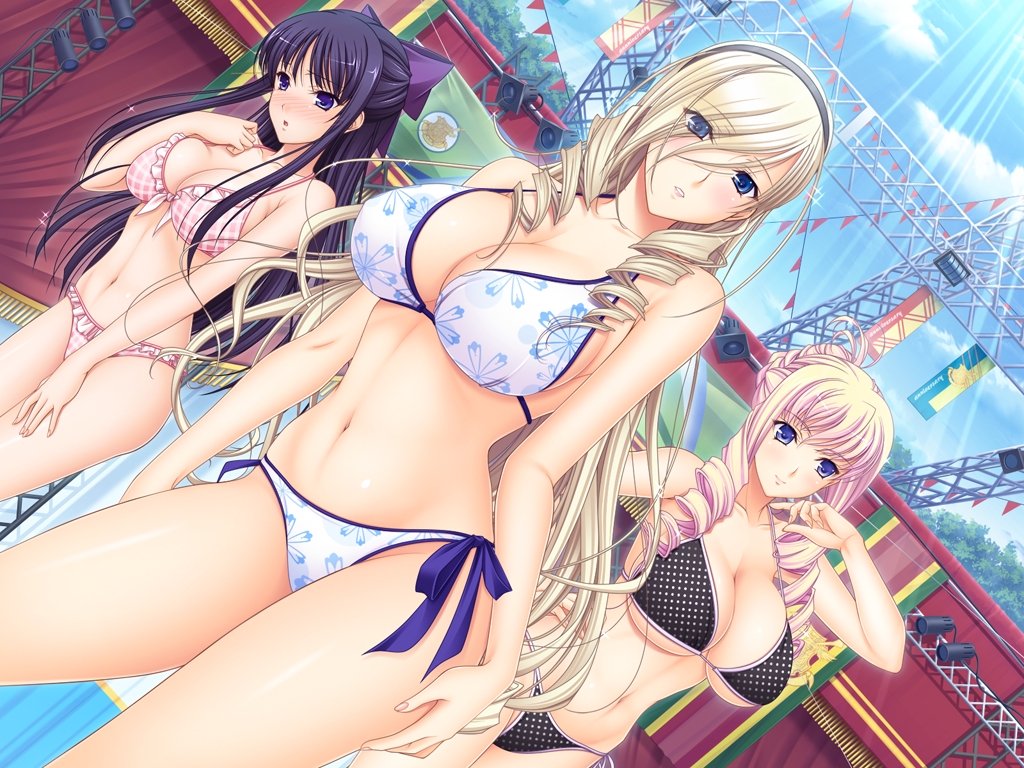 放尿　二次元 komori kei, bertille althusser, celia kumani entory, ryuzoji akane, walkure  romanze, frilled swimsuit, game cg, 10s, 3girls, bare shoulders, bikini,  black hair, blonde hair, blue eyes, blush, breasts, cleavage, cloud,  collarbone, drill
