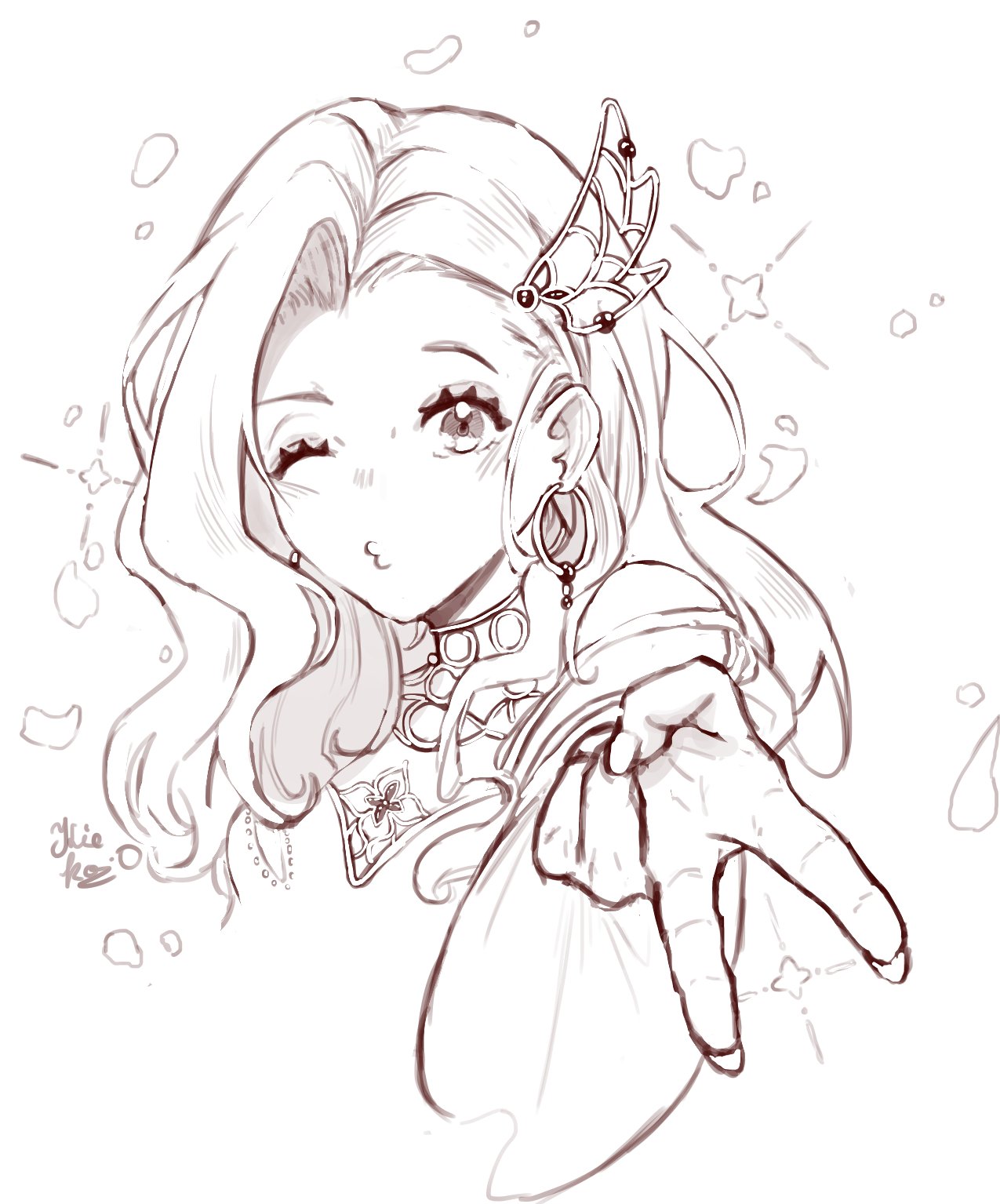 anna_(live_a_hero) curly_hair earrings flower hair_ornament highres jewelry kiekoio live_a_hero one_eye_closed sketch sparkle tiny_stars v white_background wide_sleeves