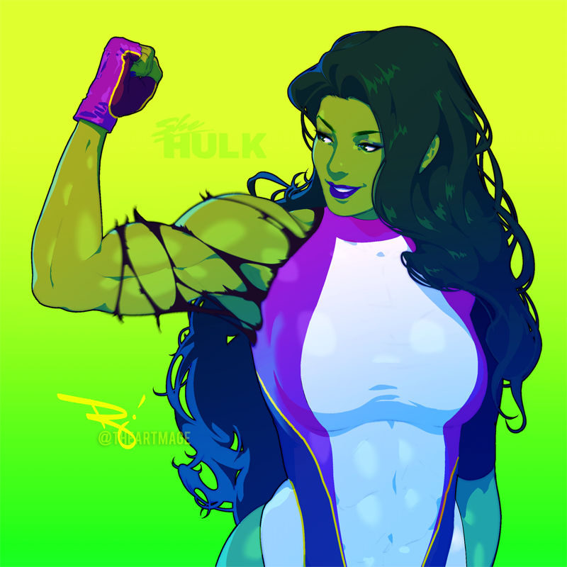 1girl abs breasts colored_skin fingerless_gloves gloves gradient_background green_background green_hair green_skin highleg highleg_one-piece_swimsuit large_breasts lipstick long_hair makeup marvel muscular muscular_female one-piece_swimsuit she-hulk shirt smile swimsuit the_art_mage torn_clothes torn_shirt yellow_background