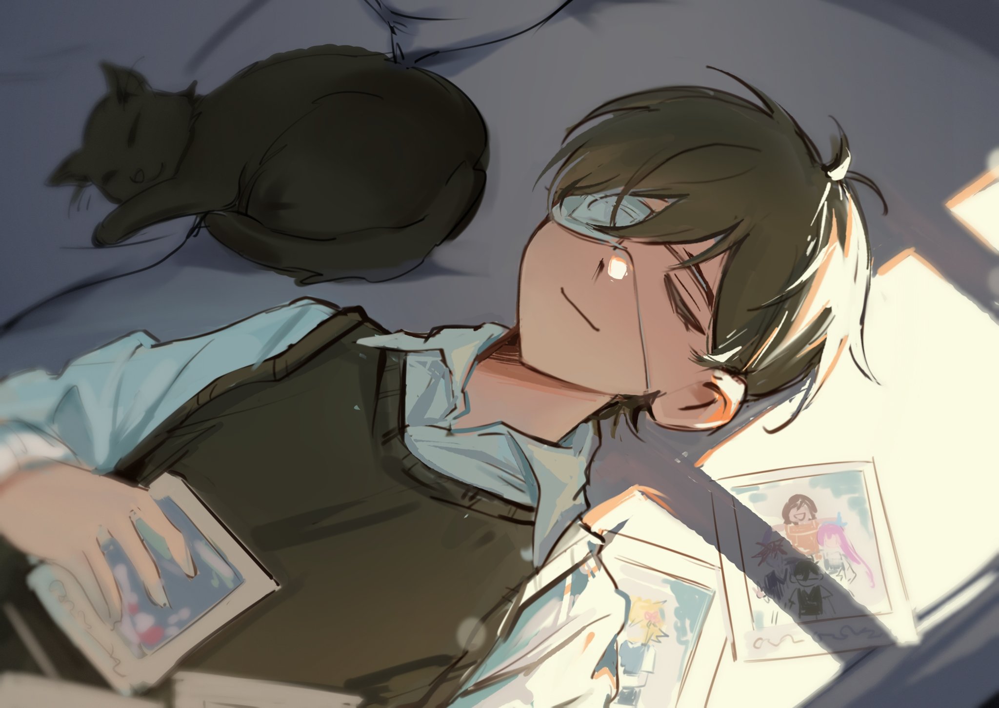 1boy aubrey_(faraway)_(omori) aubrey_(omori) basil_(faraway)_(omori) basil_(omori) black_hair black_sweater_vest cat closed_eyes collared_shirt eyepatch hero_(faraway)_(omori) hero_(omori) highres holding holding_photo kel_(faraway)_(omori) kel_(omori) male_focus mari_(faraway)_(omori) mari_(omori) mewo niu_tata omori photo_(object) shirt short_hair short_sleeves solo spoilers sunny_(omori) sweater_vest white_shirt