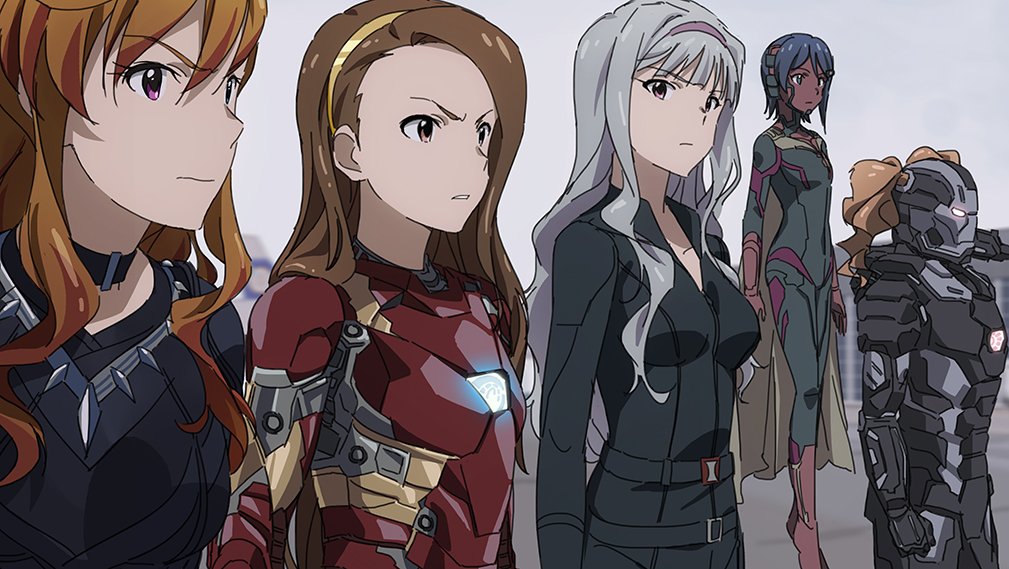 5girls armor black_hair black_panther_(marvel) black_panther_(marvel)_(cosplay) black_widow black_widow_(cosplay) bodysuit brown_hair captain_america:_civil_war captain_america_(series) captain_america_civil_war colored_skin cosplay idolmaster idolmaster_(classic) idolmaster_dearly_stars idolmaster_one_for_all iron_man iron_man_(cosplay) leon_(idolmaster) long_hair marvel marvel_cinematic_universe minase_iori mizutani_eri multiple_girls parody power_armor red_skin reon_(idolmaster) shijou_takane silver_hair takatsuki_yayoi taku1122 twintails vision_(marvel) vision_(marvel)_(cosplay) war_machine war_machine_(cosplay)
